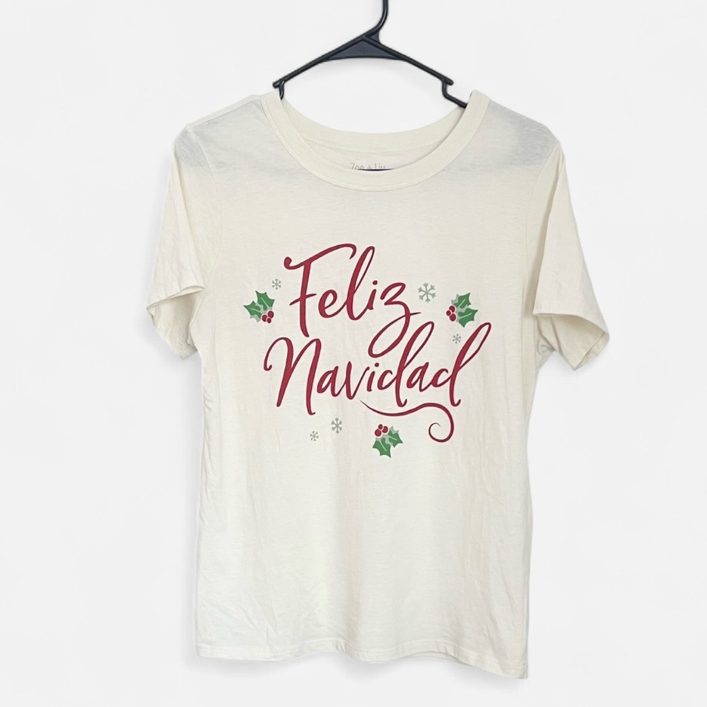 “Feliz Navidad” Cream Short Sleeve Holiday T-Shirt, Size Medium